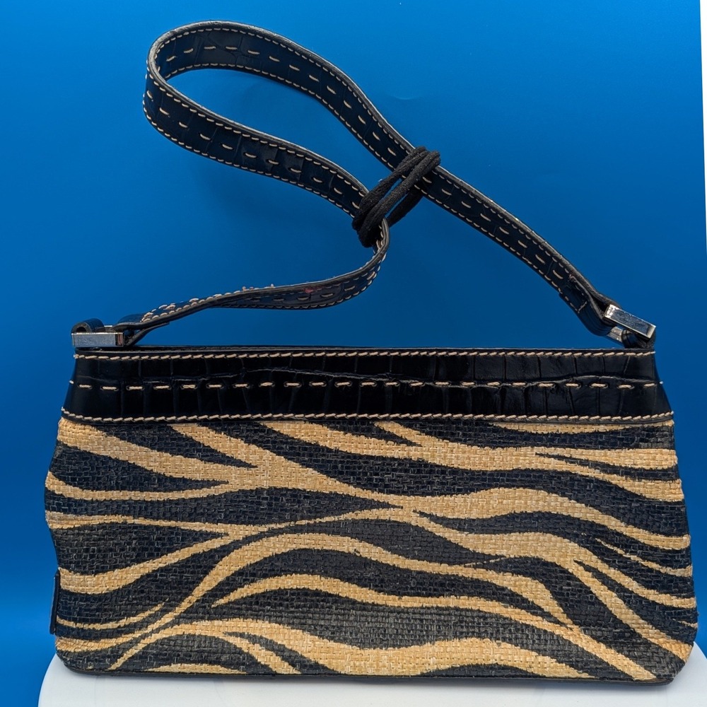 Franco Sarto Woven Zebra Print Straw Black Croc Embossed Faux Leather Baguette